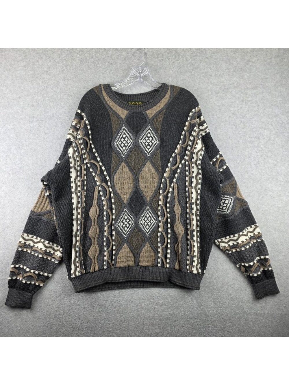 Tosani Sweater Mens XL Gray Coogi Style Chunky Knit Geometric Heavyweight